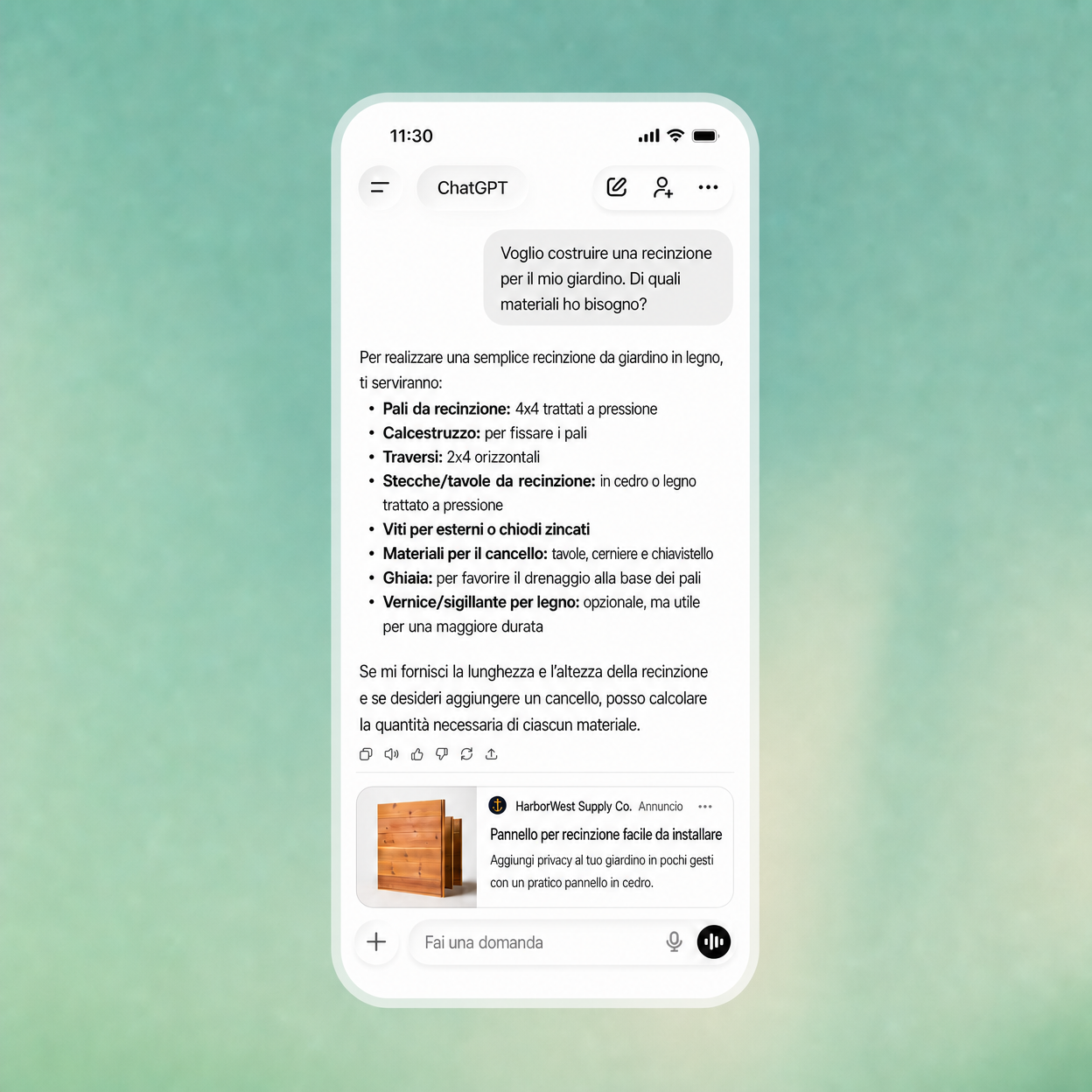 Esempio di annuncio ChatGPT Ads mostrato all’interno di una conversazione pertinente