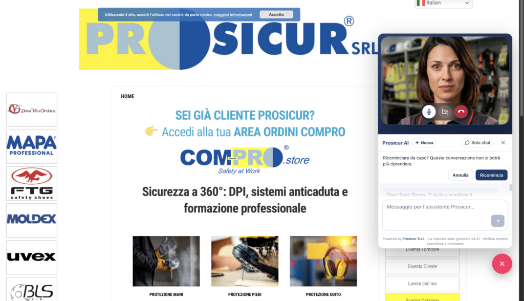 Sito 360Maker | Software House creativa AI VR AR e 3D 360Maker | Software House creativa AI VR AR e 3D Sicura il nuovo avatar AI realizzato da 360maker per Prosicur 360Maker | Software House creativa AI VR AR e 3D Sicura il nuovo avatar AI realizzato da 360maker per Prosicur 360Maker | Software House creativa AI VR AR e 3D Homepage for PROSICUR SRL with large logo header Italian safety training message and a right side video chat window showing a woman